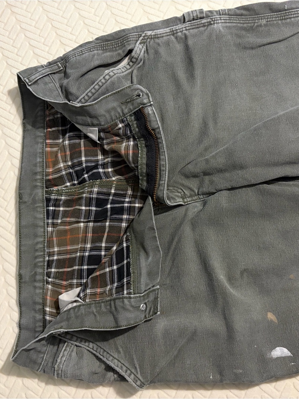 Carhartt Olive Green Work Pants with Plaid Lining